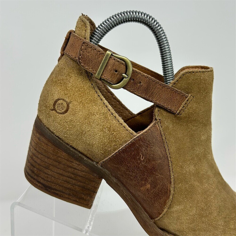 Born Carin Ankle Booties Womens Size 7M Taupe Brown Tan Buckle Block Heel - Picture 2 of 12